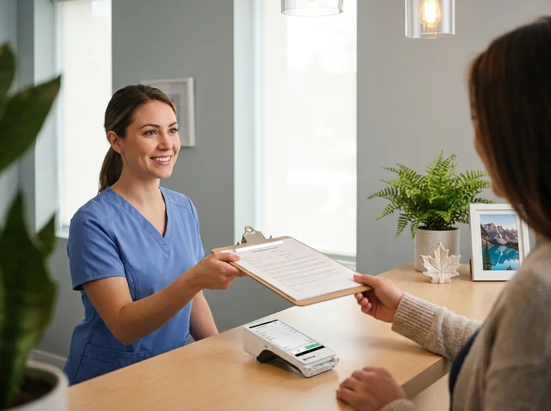 Dental office reception with a Clover Mini terminal handling a patient payment