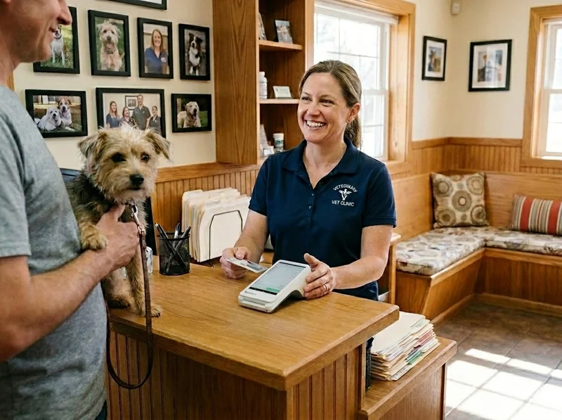 Veterinary clinic reception desk with a Clover terminal in use