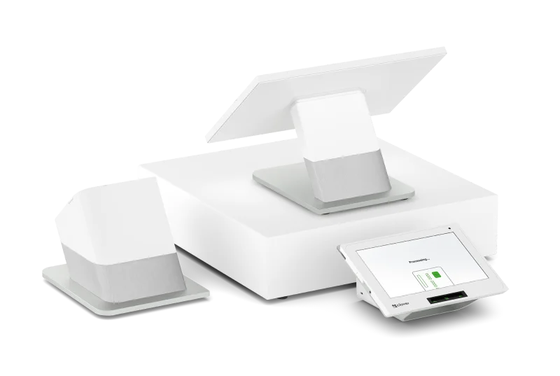 Clover Station Duo countertop POS, paired on the floor with a Clover Flex handheld